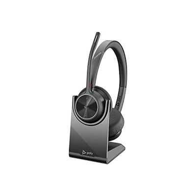 Poly – Auriculares inalámbricos Voyager 4320 UC con soporte de carga – Auriculares con micrófono de brazo – Se conectan a PC/Mac con el adaptador Bluetooth USB-C y a celulares a través de Bluetooth