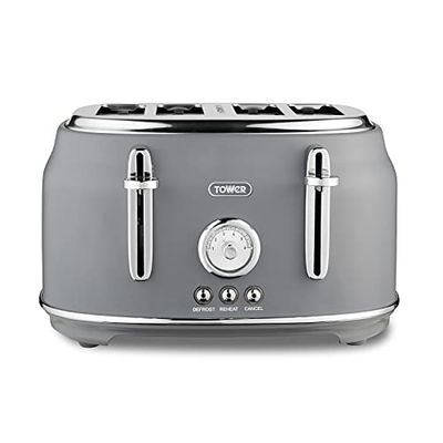 Tower T20065GRY Renaissance 4 Slice Toaster, 7 Browning Levels, Self-Centring Function 1630W, Grey