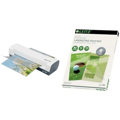 Leitz iLAM Plastificatrice Home A4 Bianca, con Leitz Pouch UDT per Plastificazione a Caldo, 100 Pezzi, F.to A4, 2x80 Micron