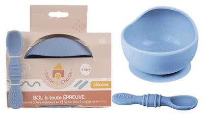 DORON & CHARLIE - Bol Ventouse Avec Cuillière 2 en 1 - Repas Enfant - 056751 - Bleu - Silicone - 350 ml - Compatible Micro Onde - Machine à Laver - Facile à Nettoyer - Bol Bébé - À Partir de 4 mois