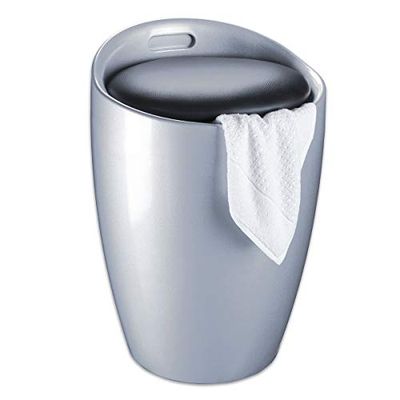 WENKO Badpall Candy silver, pall med förvaringsutrymme för badrum och vardagsrum, integrerad tvättsamlare, ABS-plast, kapacitet 20 l, Ø 36 x 50,5 cm