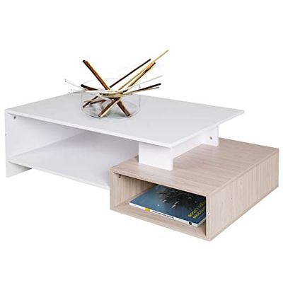 Bakaji Stolik Stolik Kawa Salon Kawa Prostokątny Design Nowoczesny Drewniany MDF z 4 Dolne Półki Kolor Biały i Dąb Rozmiar 106.5 x 60 x 34.5 cm Wystrój domu