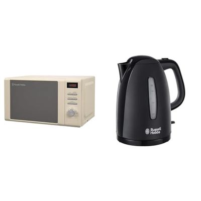 Russell Hobbs RHM2064C 20 Litre 800 W Cream Digital Heritage Microwave with 5 Power Levels & Textures Electric 1.7L Cordless Kettle (Fast Boil 3KW, Black premium plastic, matt