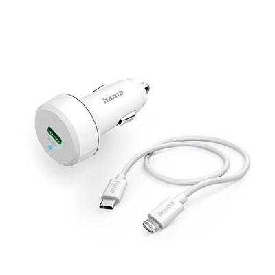 Hama 20 W autolader (USB C - Lightning, Power Delivery, 1 m, voor Apple iPhone, snelle, sigarettenaansteker, auto), wit