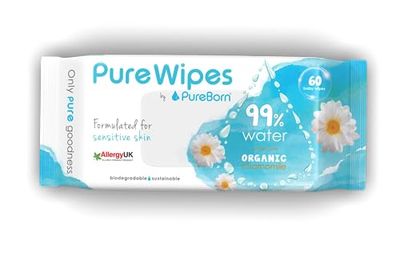 PureBorn Organic Natural Cotton Baby Pure Wipes with Chamomile extract, Pack of 60 wet wipes, Suitable for sensitive baby skin, Dermatologically tested, Eco Friendly