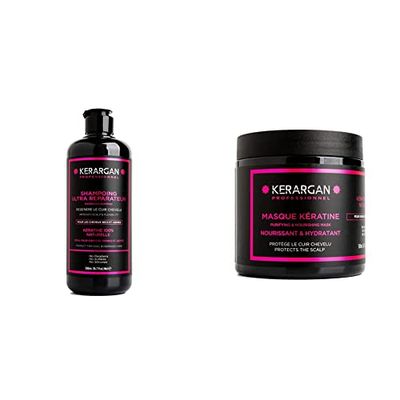 Kerargan - Shampoing à la Kératine et Huile d’Argan pour fortifier et protéger vos cheveux - Cheveu sec - 500 ml & Masque Capillaire à la Kératine pour Régénérer et Fortifier le Cheveu - 500 ml