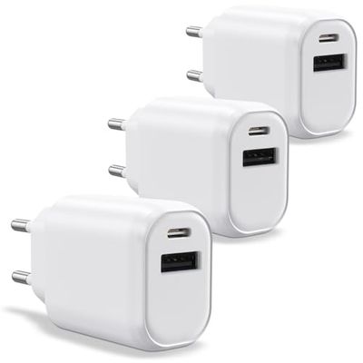 WAYTEX Set van 3 snelladers Dual USB-C en USB 30 W voor smartphone, tablet, laptop, 1 USB-C-poort + 1 USB-A-poort, QC 3.0 PD IC-chip voor veilig opladen en batterijbescherming