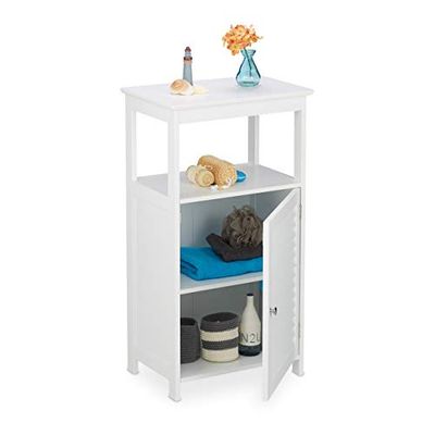Relaxdays Mobiletto da Bagno, 3 Scomparti, Porta a Lamelle, Scaffale da Terra, per la Cucina e Il Corridoio, Bianco