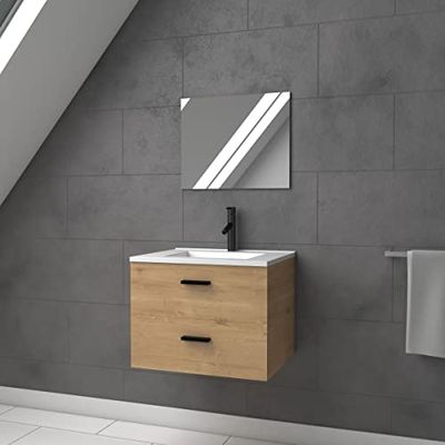 AURLANE Meuble Salle de Bain 60 cm Suspendu 2 tiroirs Finition Bois avec Vasque et Miroir - Box-in 60 Wood