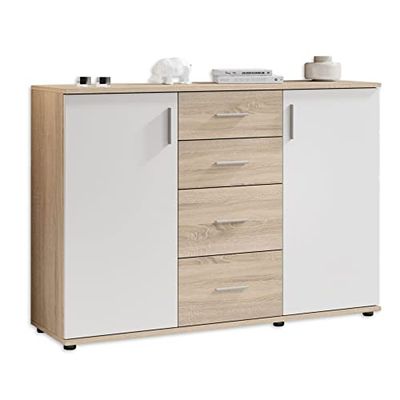 Stella Trading Bobby Aparador com acabamento em carvalho Sonoma e branco, moderno, com muito espaço de armazenamento para a sua sala de estar, 120 x 82 x 35 cm (largura x altura x fundo)