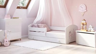 Dmora - Lit d'enfant Opole, Couchette pour Chambre d'enfant, Ensemble de Chambre, Support de Matelas, 85x164 h63 cm, Blanc avec Licorne