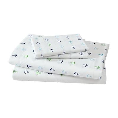 Beatrice Home Fashions Coastal Hotel Collection Onderhoudsvriendelijke polyester lakenset ankers blauw patroon marine, groene en zeeblauwe ankers op wit (KING)