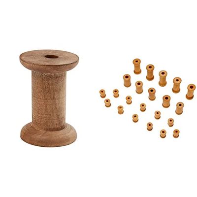 Creativ 100263 30 mm Core 10-Piece Wooden Spool 70 mm Hole Size 10 mm, Brown & Papermania 22-Piece Bare Basics Wooden Bobbin, Brown