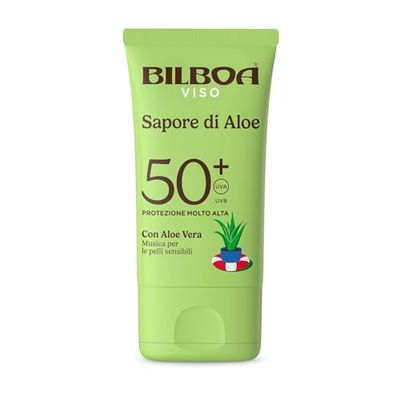 Bilboa Sapore di Aloe Crema Viso Solare SPF 50+, con Aloe Vera, Musica per le Pelli Sensibili, Resistente all'Acqua, Dermatologicamente Testato - 40 ml