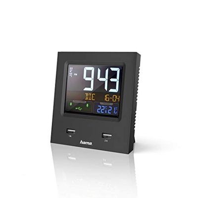 Hama | Rádio despertador com termómetro e higrómetro, com porta USB para carregar um dispositivo, 2 alarmes programáveis, alarme crescente