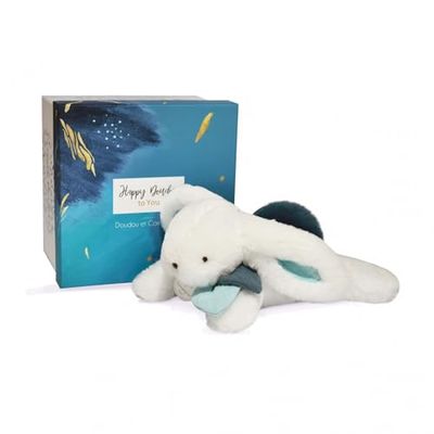 DOUDOU ET COMPAGNIE - Peluche Doudou Lapin Happy Pop - Blanc&Bleu - 25 cm - Collection Happy Doudou - Peluche Toute Douce - Idée Cadeau Naissance Bébé - Boîte Cadeau - Garantie Doudou Perdu - DC3737