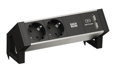 BACHMANN Desk2 Alu Black 2X geaard contact 1x USB-oplader