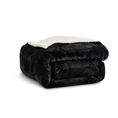 Kono Sherpa Fleece Throw Blanket 150 * 200cm Soft Cosy Fluffy Reversible Microfiber Solid Blankets for Bed Couch Sofa (Black, Twin/Double)