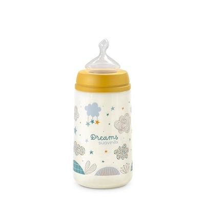 Suavinex Biberón 270 ml Con Tetina Anatómica de Silicona, Válvula Anticólico, Flujo Medio (M) Para Bebés 0-6 Meses, Dreams Amarillo