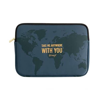 Mr. Wonderful Universal World Map on Navy Blue Background and Take Me Anywhere with You Typography Quilted and Reinforced with Zip
