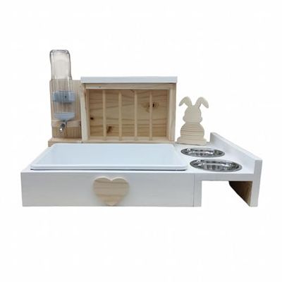 Lettiera artigianale in legno massello per conigli con mangiatoia fieno porta ciotole e beverino acqua (C5 Bianco Satinato)