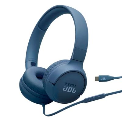 JBL Tune 520 C, Casque Filaire Supra-auriculaire Confortable avec Micro, Son Pure Bass, préréglages EQ, connectivité USB-C, Design Pliable et câble Anti-nœuds, Bleu