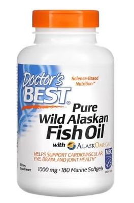 Doctor's Best Huile de Poisson Sauvage d'Alaska Pure avec AlaskOmega - 180 Gélules Molles - Soutien pour la Santé Cardiovasculaire et Articulaire