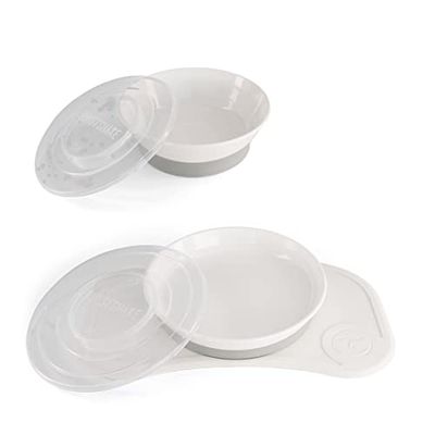 Twistshake Barnservis Set Mini + Skål | Click-Mat Mini (31x17cm) + Barntallrik + Barnskål | BPA-fri Tallrik, Skål och Bordsunderlägg | Träningstallrik | Vit