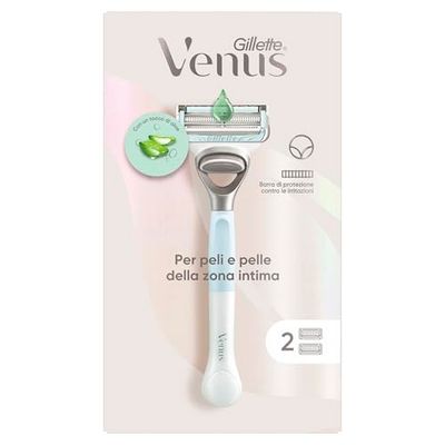 Gillette Venus, Rasoio per Peli e Pelle Della Zona Intima + 2 Confezione di Lamette di Ricambio, Rasoio Parti Intime Donna, Lamette Donna Gillette Venus Ricariche