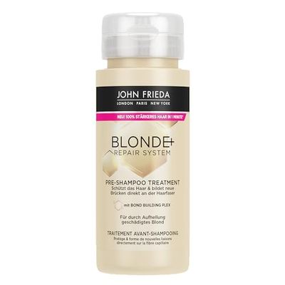 John Frieda BLONDE+ Repair System Pre-Shampoo Treatment – Contenu : 100 ml – Avec Bond Building Plex – Pour les blonds abîmés par éclaircissement – Protège les cheveux