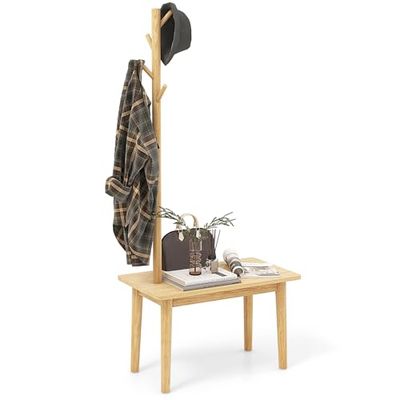 COSTWAY 3 in 1 Side Table Made of Solid Wood, Coat Stand with Shoe Bench & 3 Hooks, Freestanding Clothes Rack, Multifunctional for Bedroom, Living Room, Hallway (Natural)