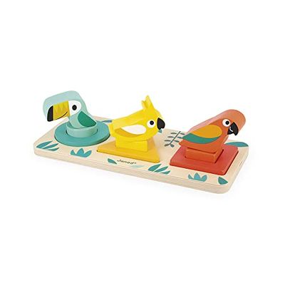 Janod - Mis Primeras Formas Tropik - Juguete para Bebés de Madera - Juego Educativo Formas y Colores - 9 Formas para Encajar - Certificado FSC - Pintura al Agua - A partir de 1 Año, J08266