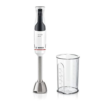 Bosch ErgoMaster Serie 4, Frullatore a Immersione, Motore da 600 Watt, Regolazione Dinamica della Velocità, Sistema QuattroBlade, Accessori Inclusi, Bianco, MSM4W210