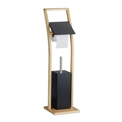 Relaxdays Serviteur WC, en Bambou, Non Fixe, Brosse et Porte-Brosse, H x L x P : 74 x 20 x 20 cm, Noir et Nature