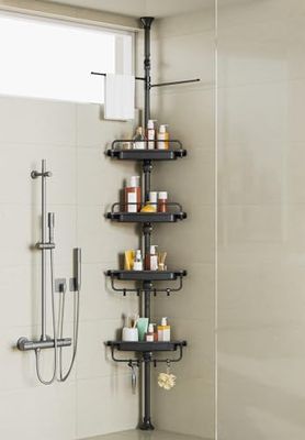 XLHOMO Étagère de Douche d'angle sur Poteau Extensible de 81 à 310 cm, antirouille et sans perçage, Organiseur réglable avec 4 étagères brevetées Stables et Porte-Serviettes, Noir
