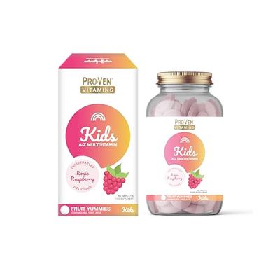 Proven A-Z Kids Multivitamin Chewable Tablets Raspberry Flavour Yummies 60 Tablets Daily Childrens Multivitamins with 13 Essential Vitamins for Immune Function, Bones, Teeth & Energy - 2 Month Supply