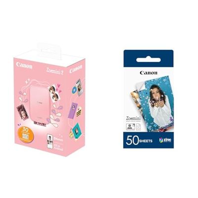 Canon Zoemini 2 Pack Imprimante Photo + 30 Feuilles Assorties, Rose Doré & Zink ZP2050 Papier Photo Technologie Z-Ink - Pack de 50 Feuilles compatibles ZOEMINI