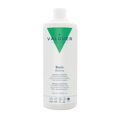 Shampooing revitalisant Valquer à la biotine et à la kératine. Effet antichute qui favorise la croissance et renforce les cheveux, leur donnant plus de volume. Contient de la vitamine B7. Vegan. 1 L.