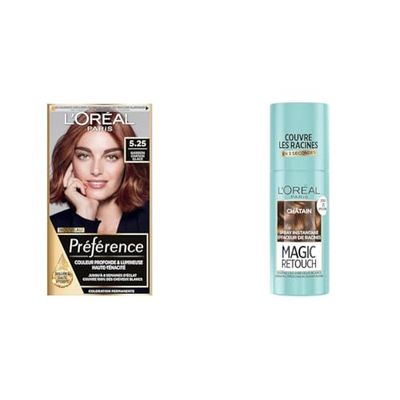 L’ORÉAL PARIS - Kit de Coloration Cheveux Permanente et Retouche Racine - Châtain - Camoufle les Cheveux Blancs Entre Deux Colorations - Spray Instantané Magic Retouch + Préférence