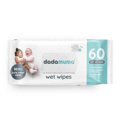Dadamuma 99.9% Pure Water Baby Wipes (Pack of 60) | Plastic-Free | Fully Biodegradable | Suitable for use on newborn sensitive skin | 100% Recyclable Packaging