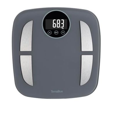 TERRAILLON - Power FIT- elektronisk personvåg, impedansmätare, analys av fett, muskel, vatten, ben BMI, kran bakgrundsbelyst skärm, kapacitet 160 kg, glasplatta, grå