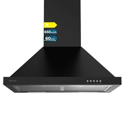 Cecotec Extractor Hood 60 cm Pyramidal Bolero Flux PM 606500 Black A. Motor 165W, Stainless Steel, Suction 650m3/h, Mechanical Control, 3 Power Levels, Light and Carbon Filter