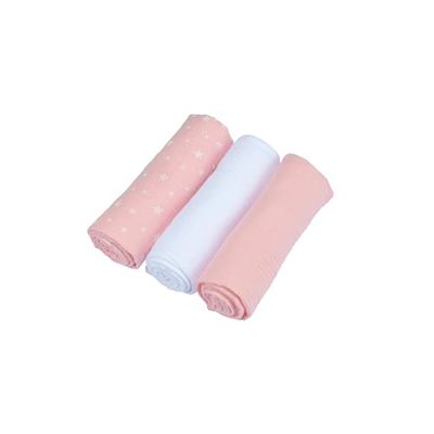 Bébé Douceur, Set van 3 luiers van 100% katoenen gaas, 1 print en 2 effen, 70 x 70 cm, roze en wit