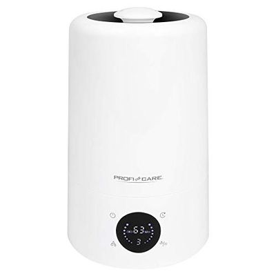 ProfiCare Luchtbevochtiger PC-LB 3077, ultrasone technologie voor ruimtes tot 60 m², actief koolstoffilter, 5 liter watertank, 3 bedrijfsmodi, multifunctioneel led-display, touch-bediening, wit