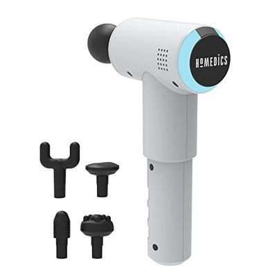 HoMedics Fysio Massagepistool - Professionele Elektrisch Pulserende Diepweefsel massagegun, Vibratiemassage voor Vastzittende Spieren, 5 Massagekoppen, Draadloos, Oplaadbaar Spiermassagepistool - Wit