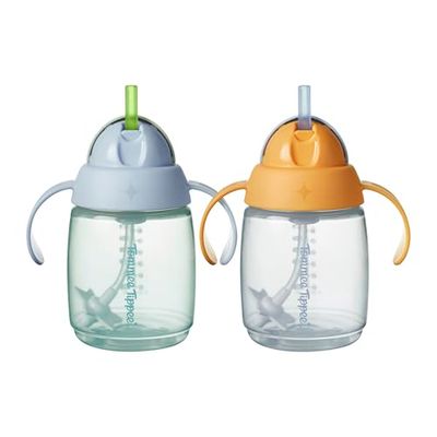 Tommee Tippee Trainer rietjesbeker, 240 ml, Easy Transition peuterbeker voor 6 maanden +, met siliconen verzwaard rietje en gemakkelijk vast te houden handgrepen, blauw en oranje, 2 stuks