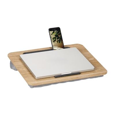 Relaxdays Support pour Ordinateur Portable, Fente pour téléphone, télétravail, H x L : 42 x 32 cm, Nature et Gris