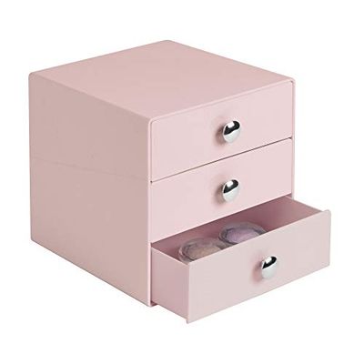 iDesign Organizador de maquilhagem com 3 gavetas, compacto miniconfortável de plástico, mini gaveta quadrada para produtos de beleza e cosméticos, rosa