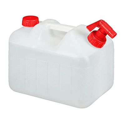 Relaxdays jerrycan met kraan, met schroefdop, watertank, voor camping & tuin, kunststof, 10 liter, BPA-vrij, wit-rood