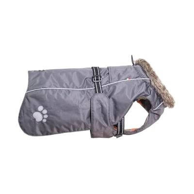 CHIARA Abrigo para perro con arnés (ropa de forro polar y cuello de piel sintética, abrigo cálido para perros, con tiras reflectantes en la espalda y correa, ajustable, talla L), color gris